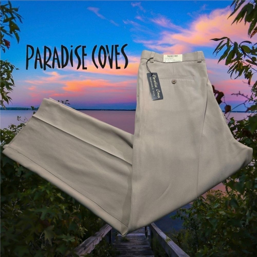 Paradise Coves Mens Washable Silk Twill Pleated Pants Khaki Tan 40x32‎ (39x31.5)